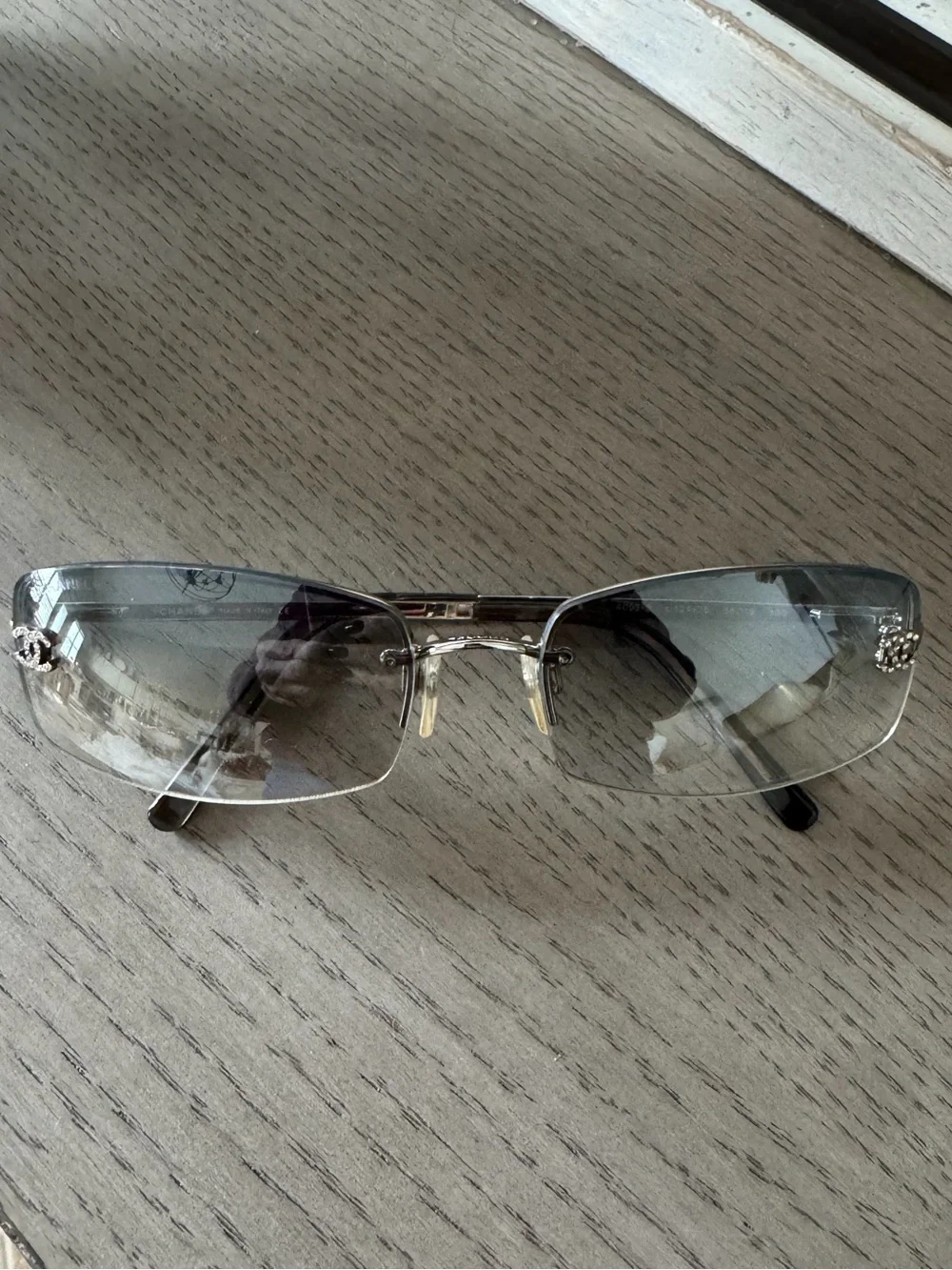 CHANEL Vintage Rimless Sunglasses with Gray Lenses and Crystal Chanel Logo
